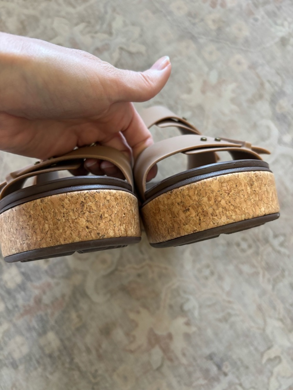 CROCS Women's Tan and Dark Brown Double-Buckle Slide Sandals - Picture 2 of 4